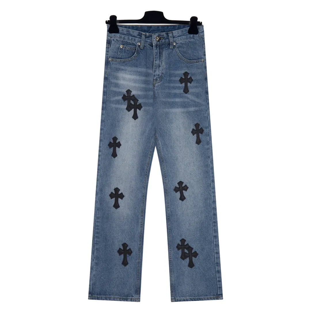 P206 [Next day] Chrome Heart Cross patch leather jeans Top heavy washing process Calf leather laser cut cross Distressed silver hardware Straight version slimming the upper body High-end customized version Official guide price: ***** Color: blue and black leather Size: 28 30 32 34 (s-XL) Detailed sizes can be found in Figure 9